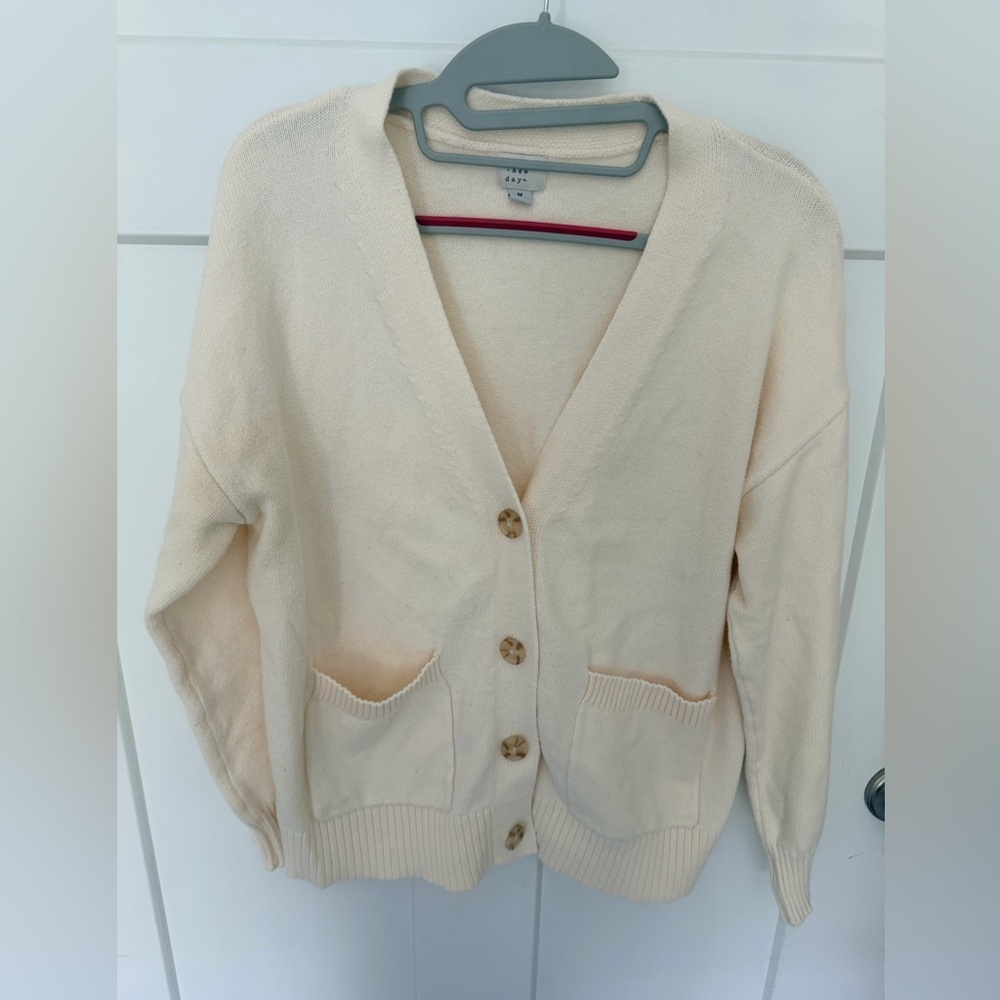 A New Day Cream Cardigan Sweater Medium Button Front Pocket Knit